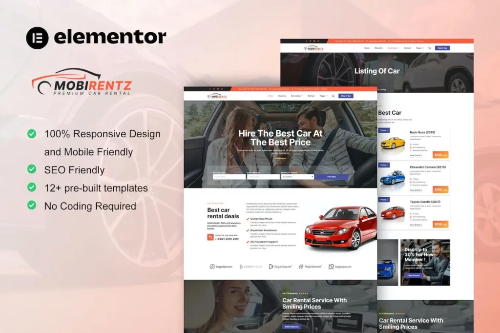 Mobirentz – Car Rental &amp; Auto Dealer Elementor Template Kit