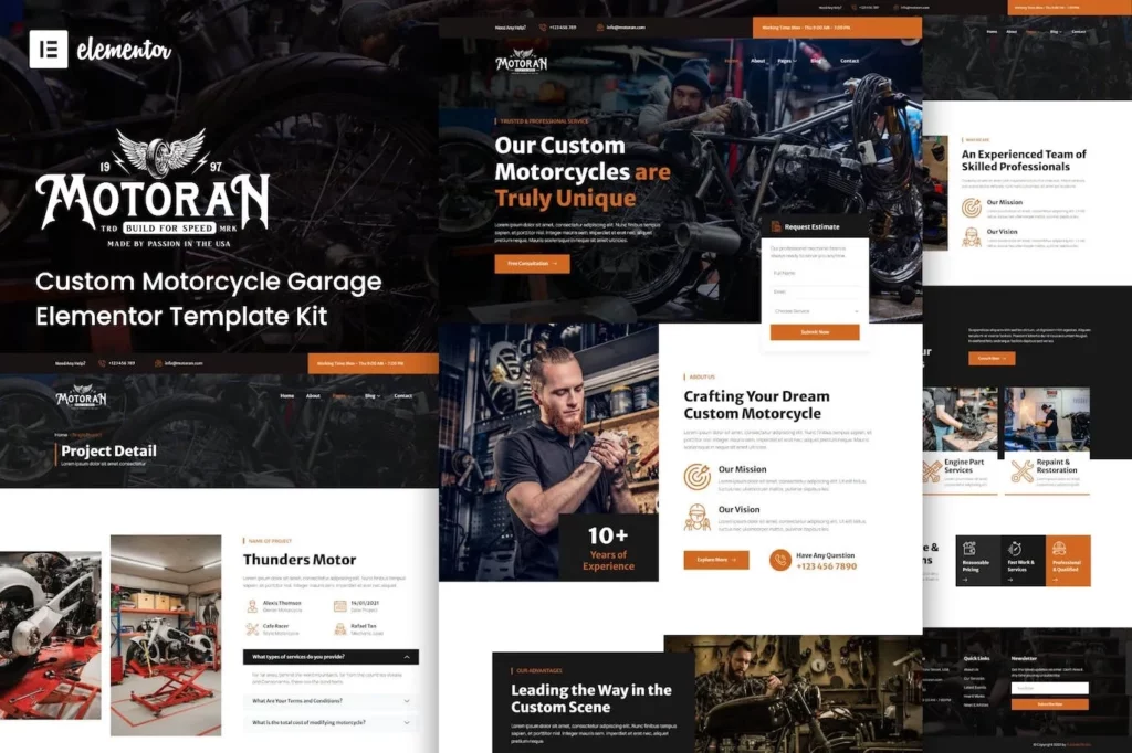 Motoran – Custom Motorcycle Garage Service Elementor Template Kit