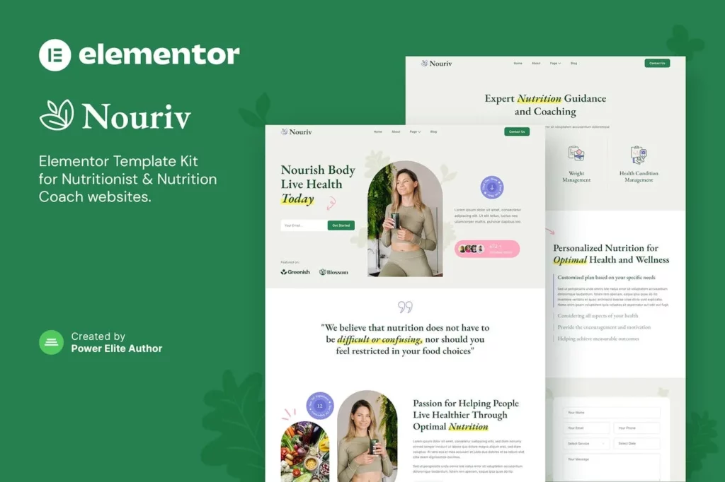 Nouriv – Nutrition Coach &amp; Nutritionist Elementor Template Kit