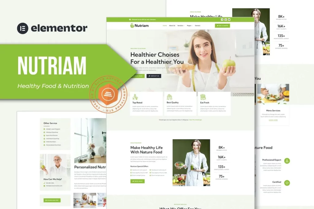 Nutriam – Healthy Food &amp; Nutrition Service Elementor Template Kit