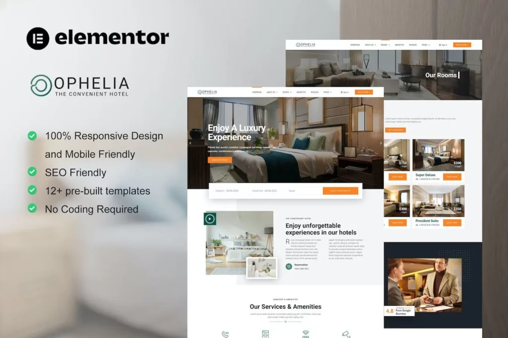 Ophelia – Hotel &amp; Resort Elementor Template Kit