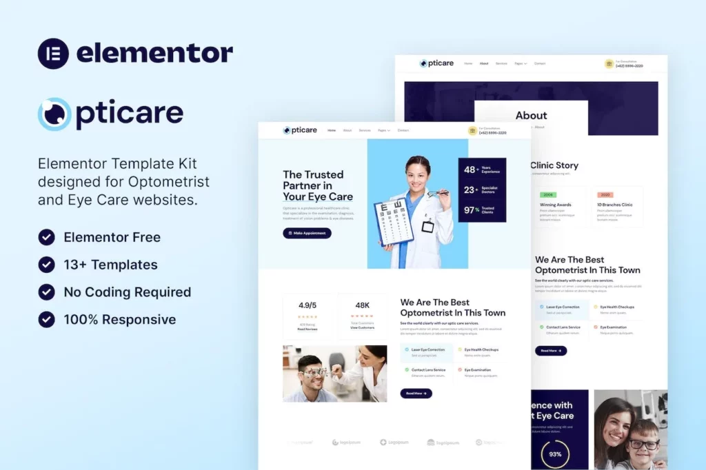 Opticare – Optometrist &amp; Eye Care Elementor Template Kit