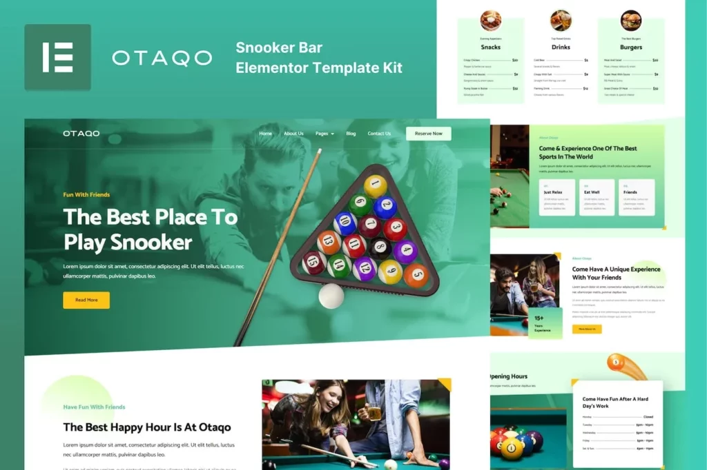 Otaqo – Snooker &amp; Pool Bar Elementor Template Kit