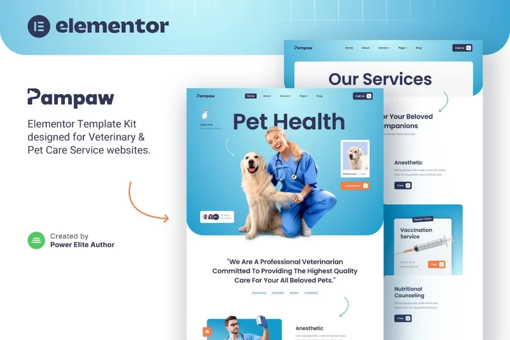 Pampaw – Veterinary &amp; Pet Care Services Elementor Template Kit