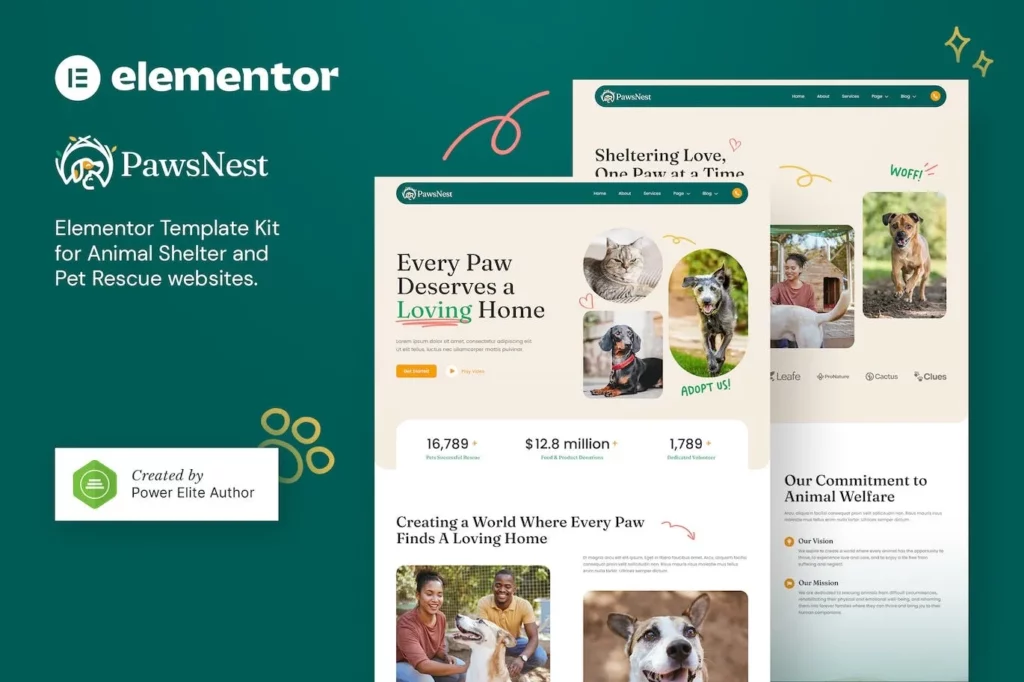 PawsNest – Animal Shelter &amp; Pet Rescue Elementor Template Kit