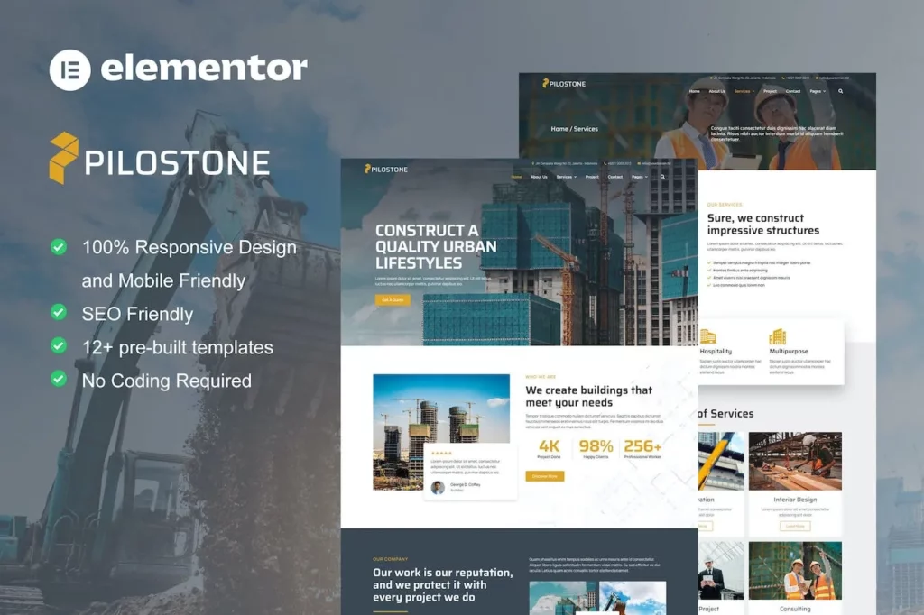 Pilostone – Construction &amp; Building Service Elementor Template Kit