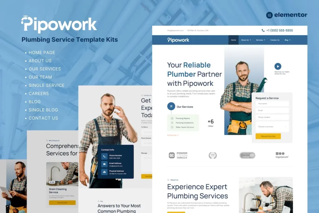 Pipowork – Plumbing Service Business Elementor Template Kits