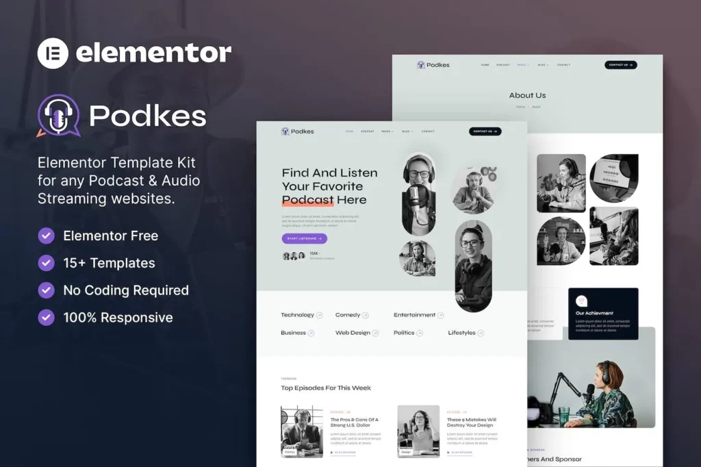 Podkes – Podcast &amp; Audio Streaming Elementor Template Kit