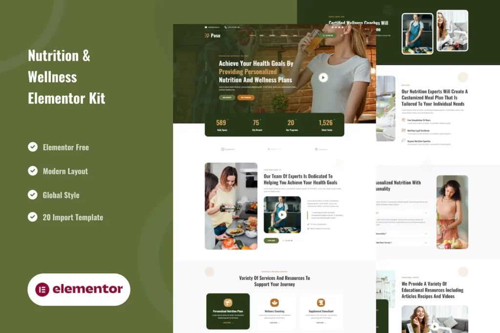 Poso – Personalized Nutrition &amp; Wellness Elementor Template Kit