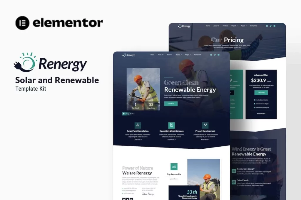 Renergy – Solar &amp; Renewable Elementor Template Kit