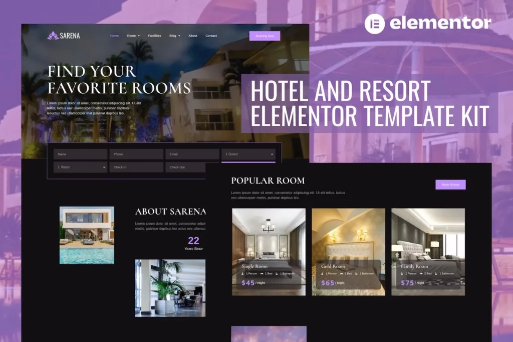Sarena – Hotel &amp; Resort Elementor Template Kit