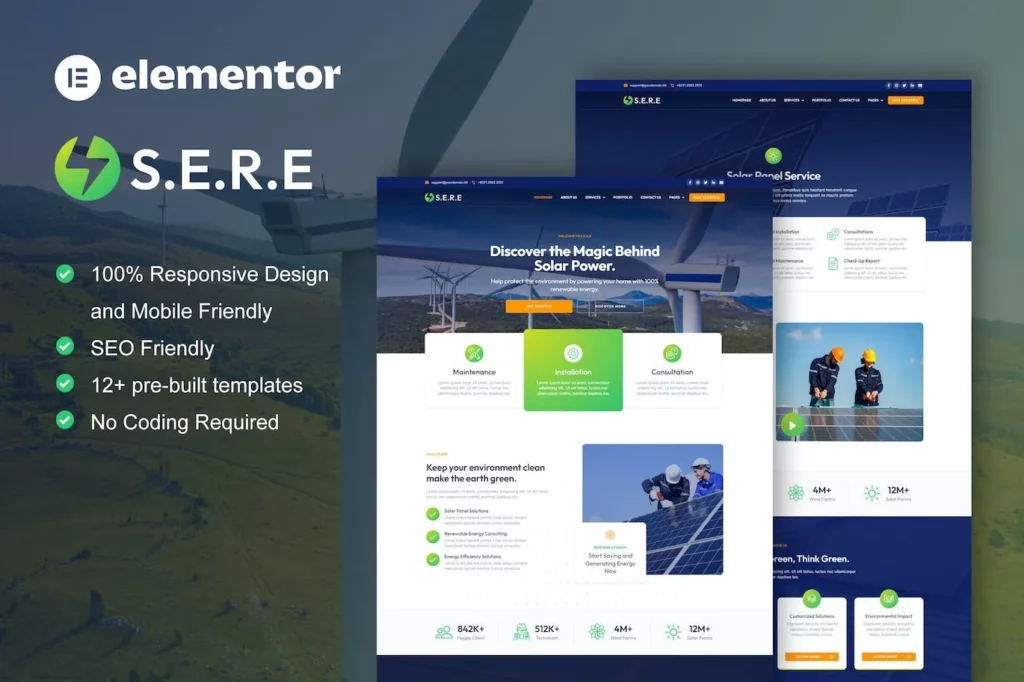 Sere – Solar &amp; Renewable Energy Elementor Pro Template Kit