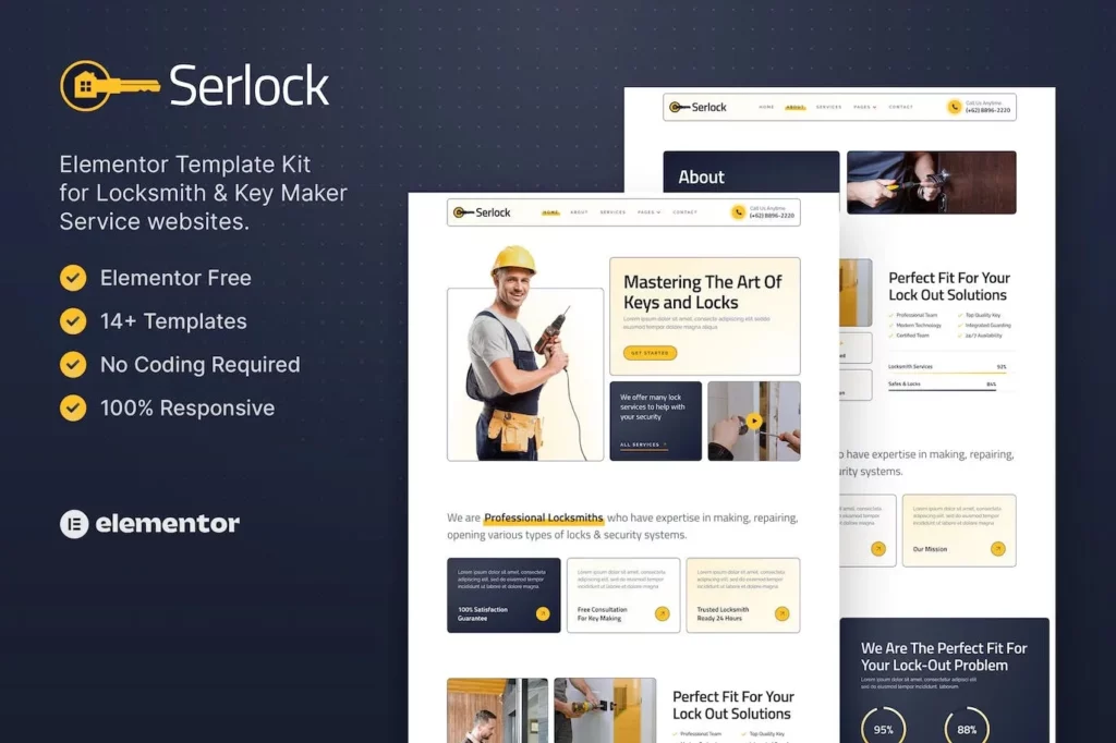 Serlock – Key Maker &amp; Locksmith Service Elementor Template Kit
