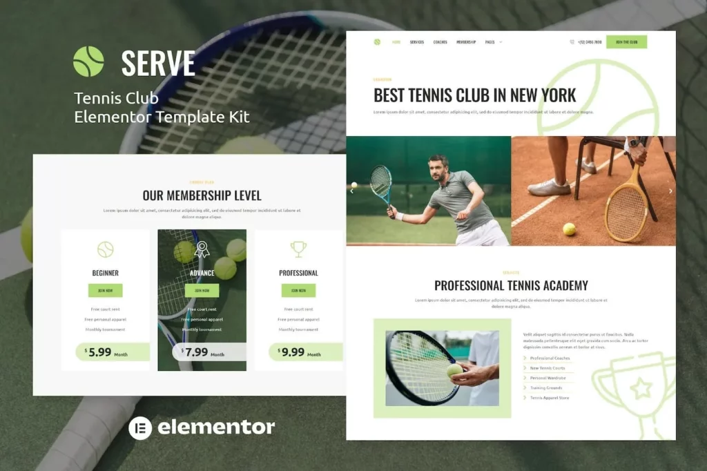 Serve – Tennis School &amp; Sport Club Elementor Template Kit