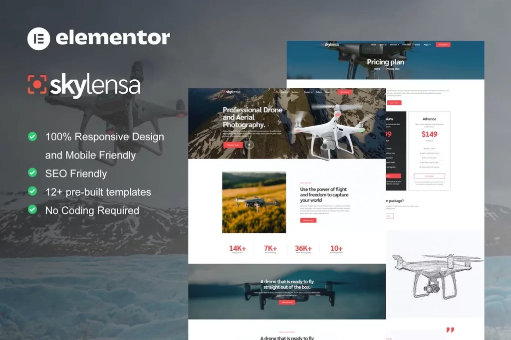Skylensa – Aerial Photography &amp; Videography Elementor Template Kit
