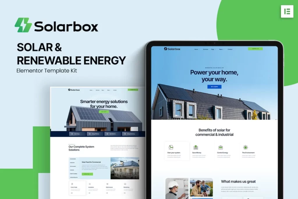 Solarbox – Solar &amp; Renewable Energy Elementor Template Kit
