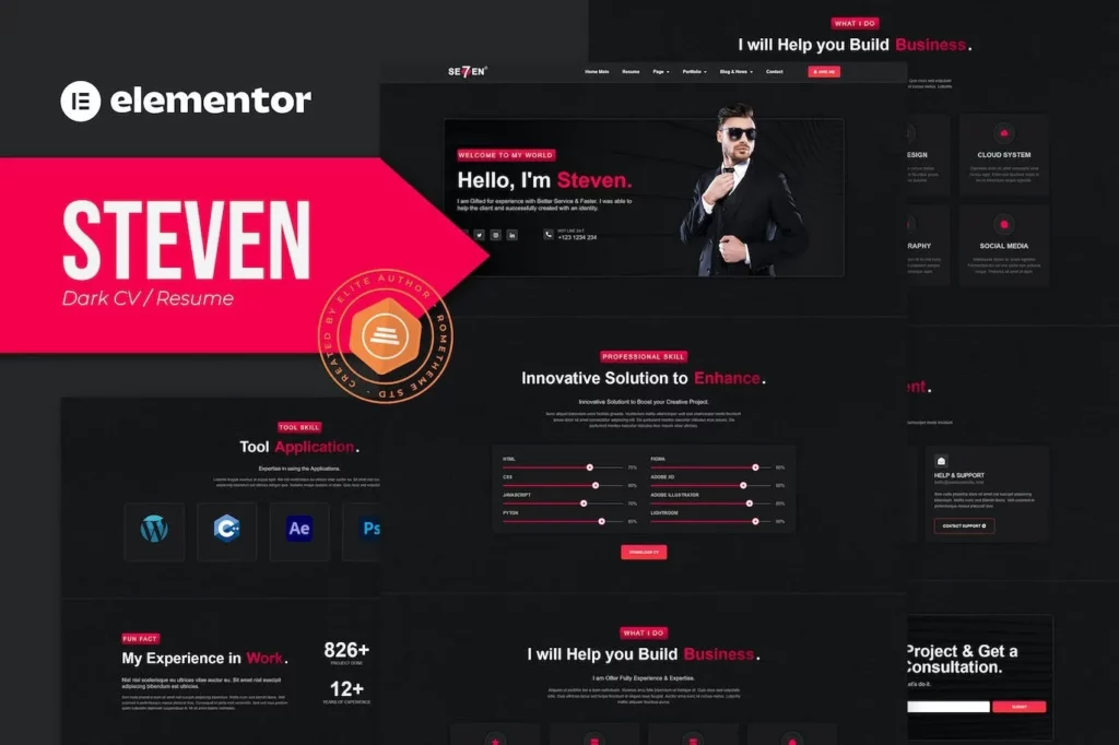 Steven – Dark CV Portfolio Resume Elementor Template Kit