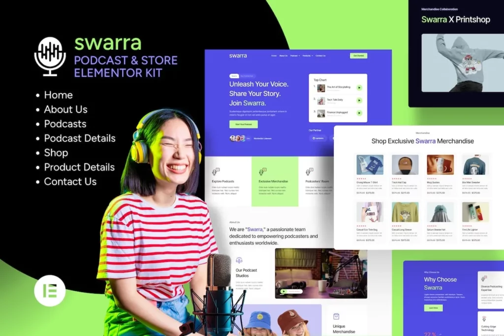 Swarra – Podcast Streaming &amp; Merchandise Store Template Kit