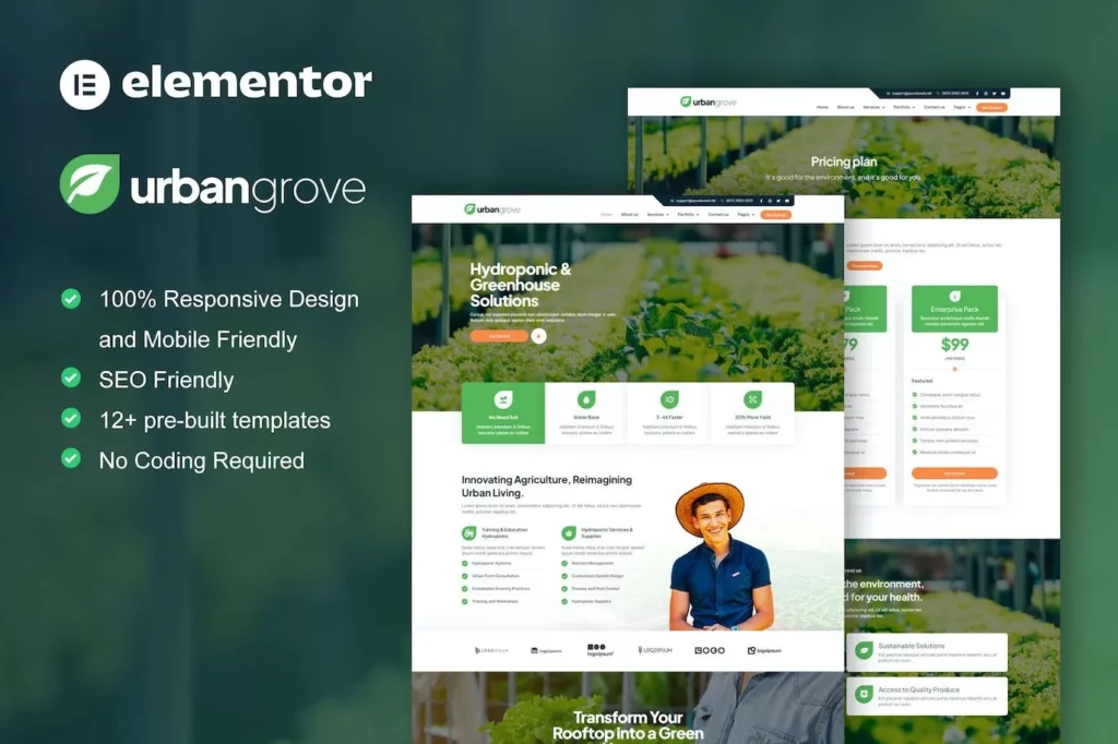 UrbanGrove – Hydroponic &amp; Agriculture Elementor Template Kit