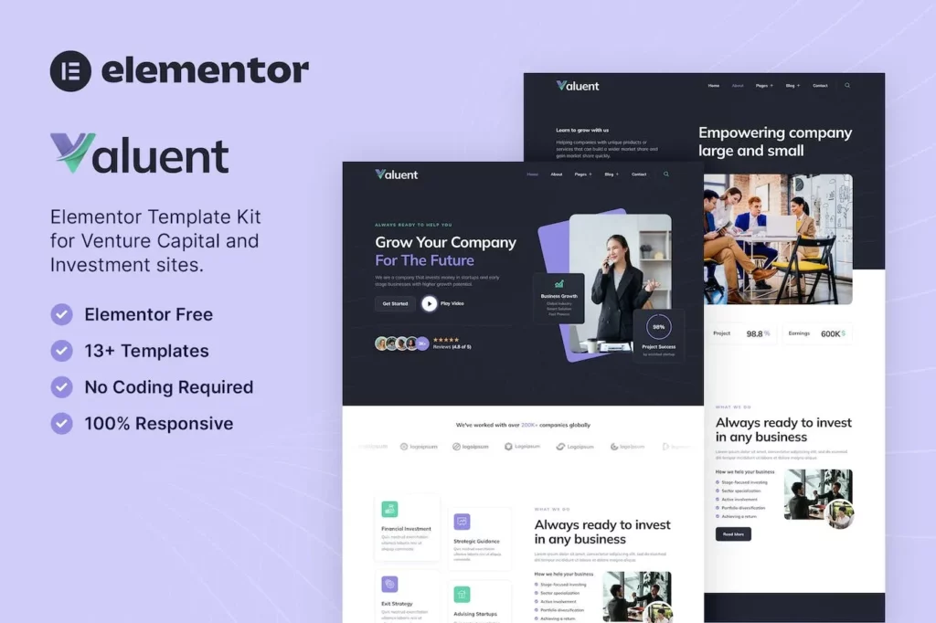 Valuent – Venture Capital &amp; Investment Elementor Template Kit
