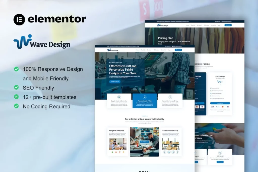 WaveDesign – T Shirt Design &amp; Printing Service Elementor Pro Template Kit