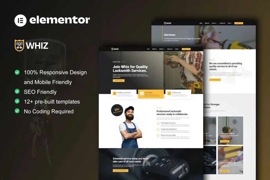 Whiz – Locksmith &amp; Key Maker Services Elementor Pro Template Kit