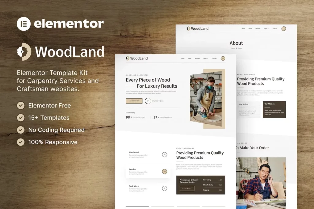 WoodLand – Carpenter &amp; Craftsman Elementor Template Kit