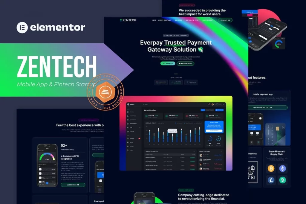 Zentech – Mobile App &amp; Fintech Startup Elementor Template Kit
