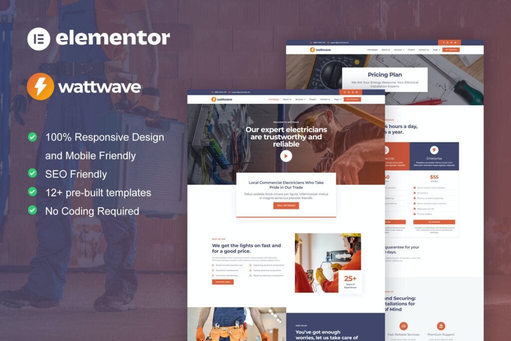 WattWave – Electrical Installation &amp; Maintenance Service Elementor Pro Template Kit