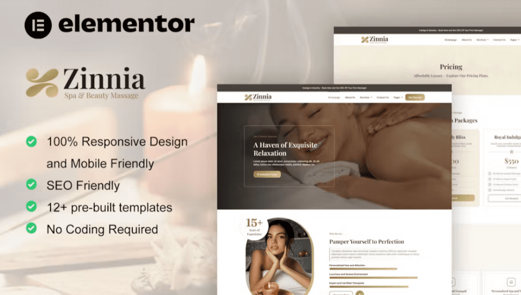 Zinnia – Spa &amp; Beauty Care Elementor Pro Template Kit