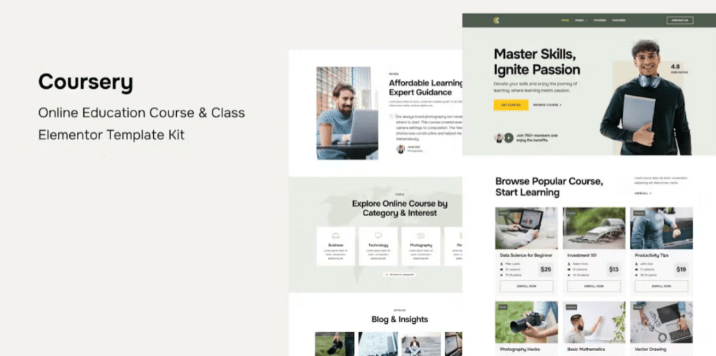 Coursery – Online Education Course &amp; Class Elementor Template Kit