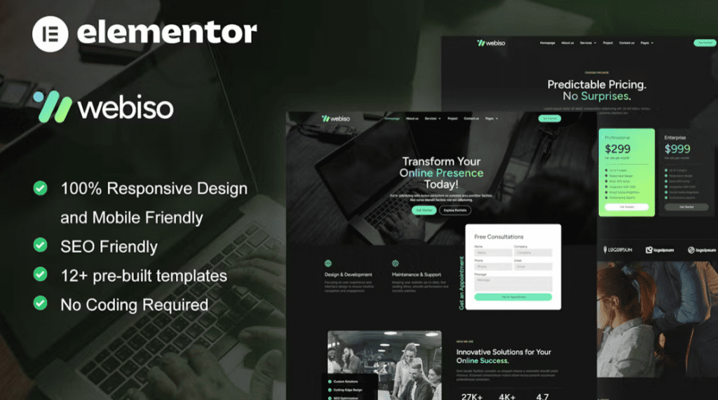 Webiso – Dark Digital Agency Elementor Template Kit