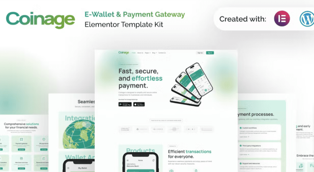 Coinage – E-Wallet &amp; Payment Gateway Elementor Pro Template Kit