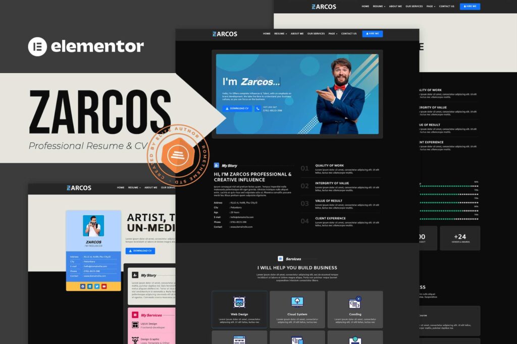 Zarcos – Professional Resume &amp; CV Elementor Template Kit